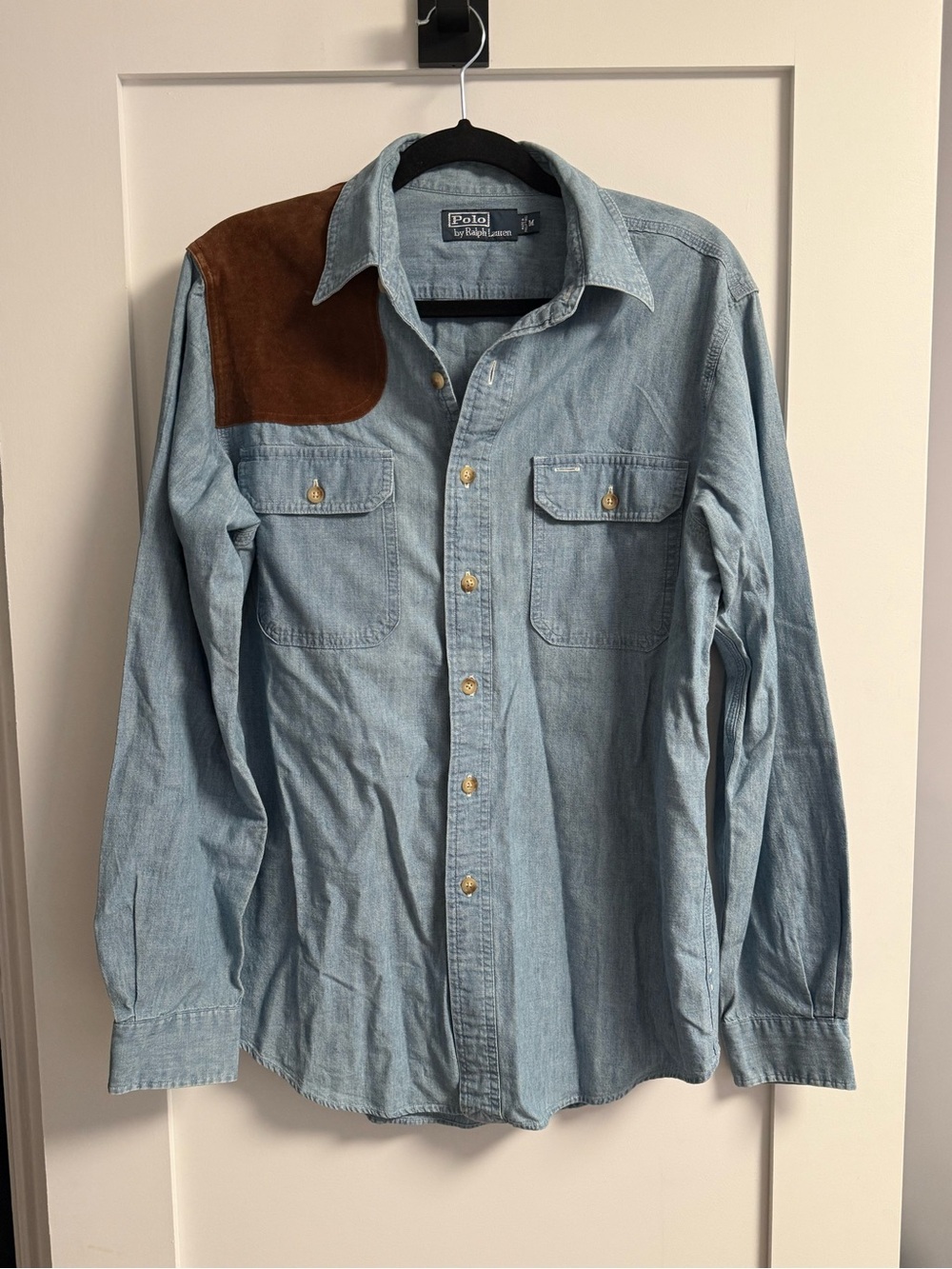 Vintage Polo by Ralph Lauren Light Blue Denim Shirt with Brown Suede Patch